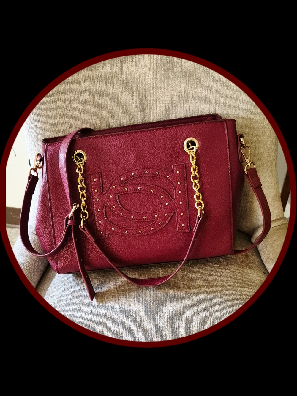 Bebe 'Oliver Burgandy Faux Leather Gold Studded Satchel Shoulder/Crossbody Bag